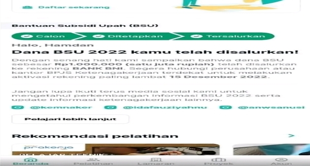 Login Kemnaker Go Id Muncul Pemberitahuan Dana Bsu Telah